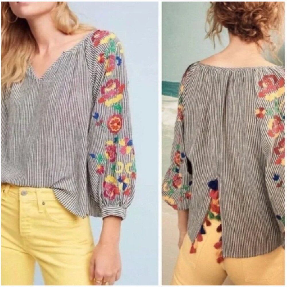 Anthropologie Floreat Blouse Soleil Embroidered Tassel Colorful Boho Women XS